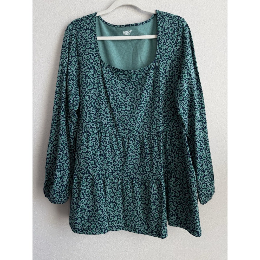 Lands End Peplum Top Womens Size 1X Teal Navy Floral Square Neck Cottagecore NEW - Picture 3 of 13